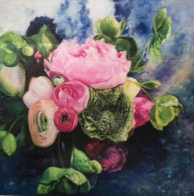 89VOR-AQUARELLE34 Холст "Букет с пионом" 80*80см, багет шампань