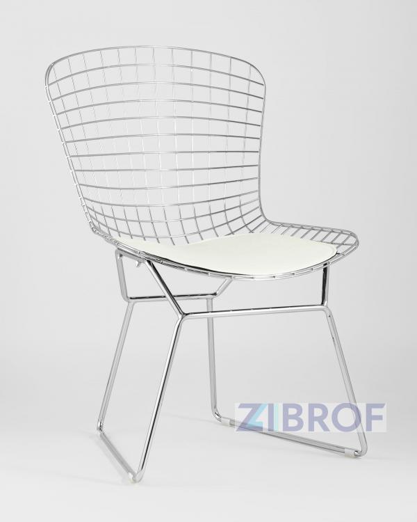 Bertoia хромированный металл с белой подушкой из экокожи