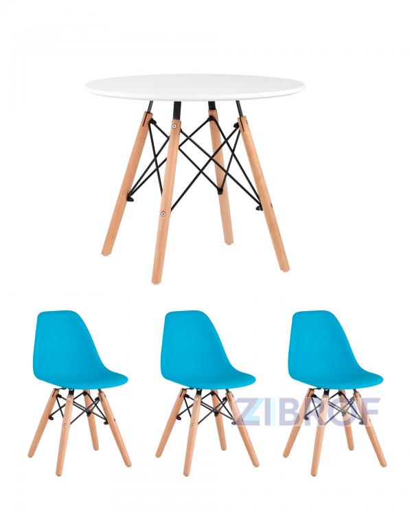 Комплект мебели детский стол Eames белый, 3 стула голубые