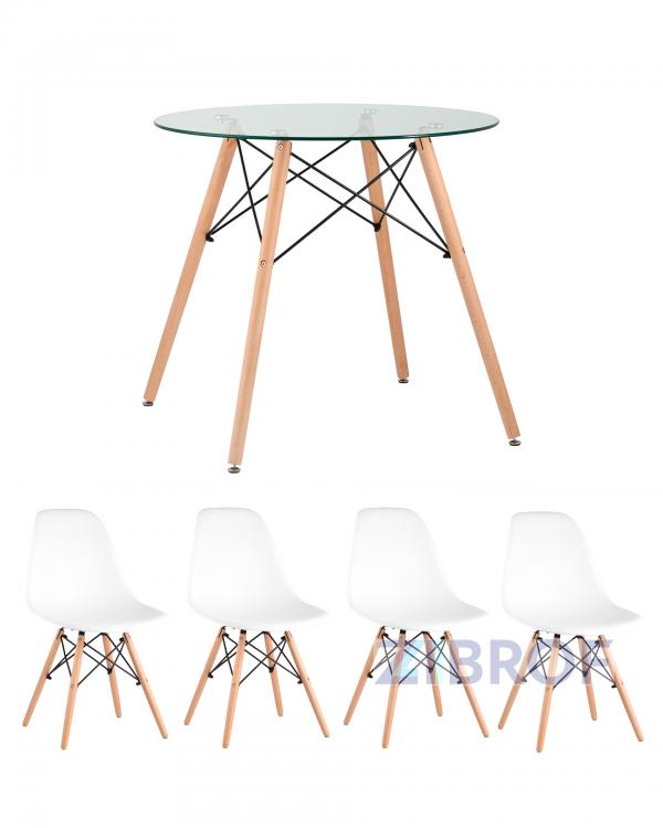 Eames D80 стол стеклянный, 4 стула Eames DSW белые